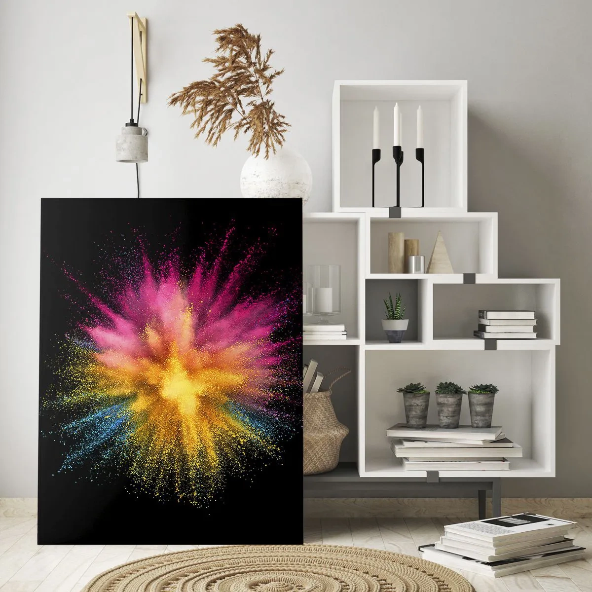 Glasbild - Bild auf glas - Bunte Pulverexplosion auf schwarzem Hintergrund - 50x70cm - Die Geburt der Farben - Moderne Wanddekoration für Wohnzimmer und Schlafzimmer ARTTOR