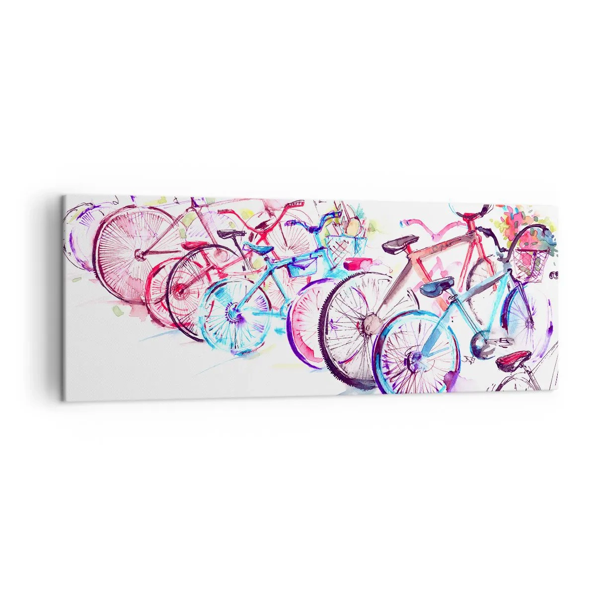Bild auf Leinwand - Leinwandbild - Bunte Fahrräder im künstlerischen Aquarell-Stil - 140x50cm - Kongress des Antimoto-Clubs - Moderne Wanddekoration für Wohnzimmer und Schlafzimmer ARTTOR