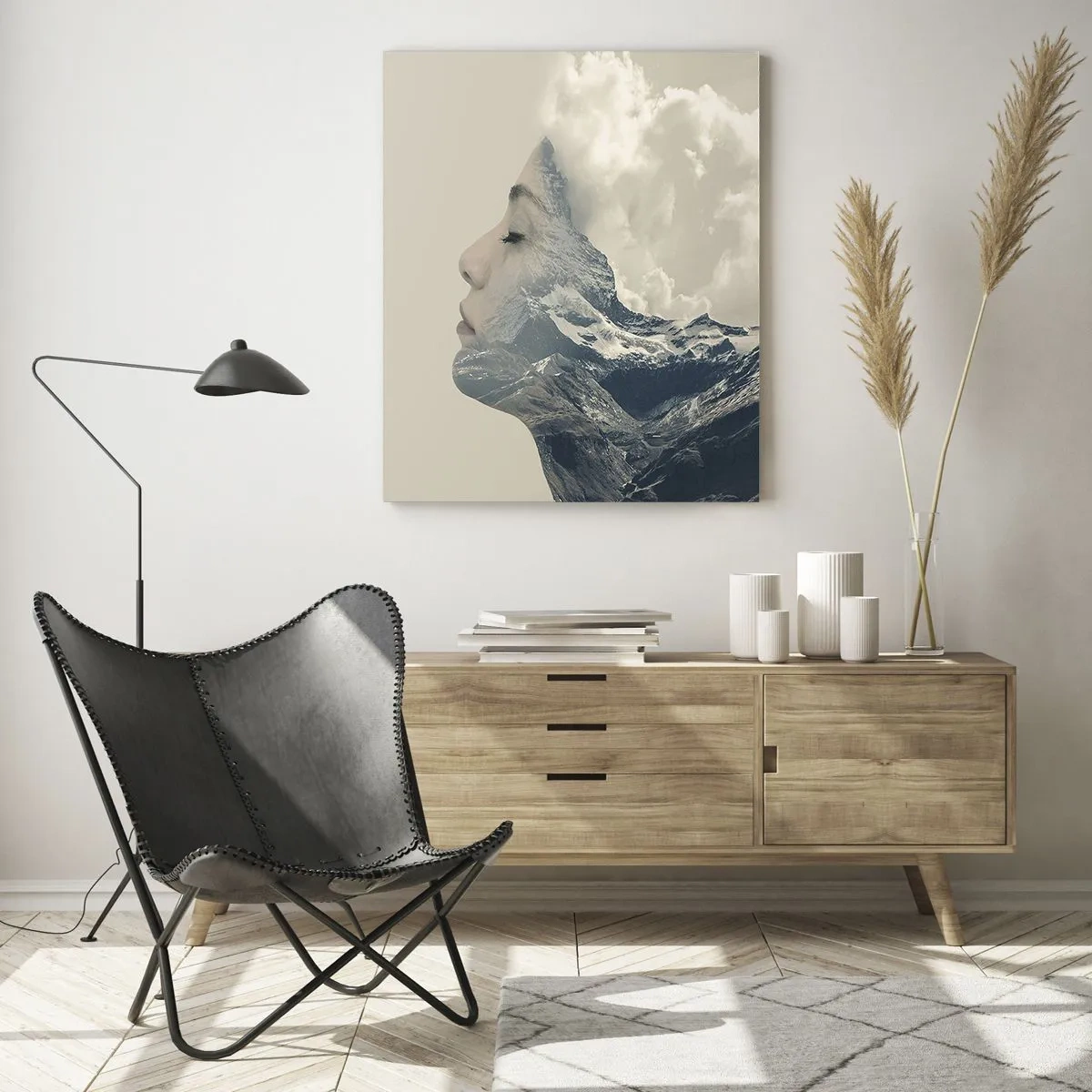 Glasbild - Bild auf glas - Silhouette einer Frau mit einer Berglandschaft im Hintergrund - 80x120cm - Die Schönheit der Elemente der Natur - Moderne Wanddekoration für Wohnzimmer und Schlafzimmer ARTTOR