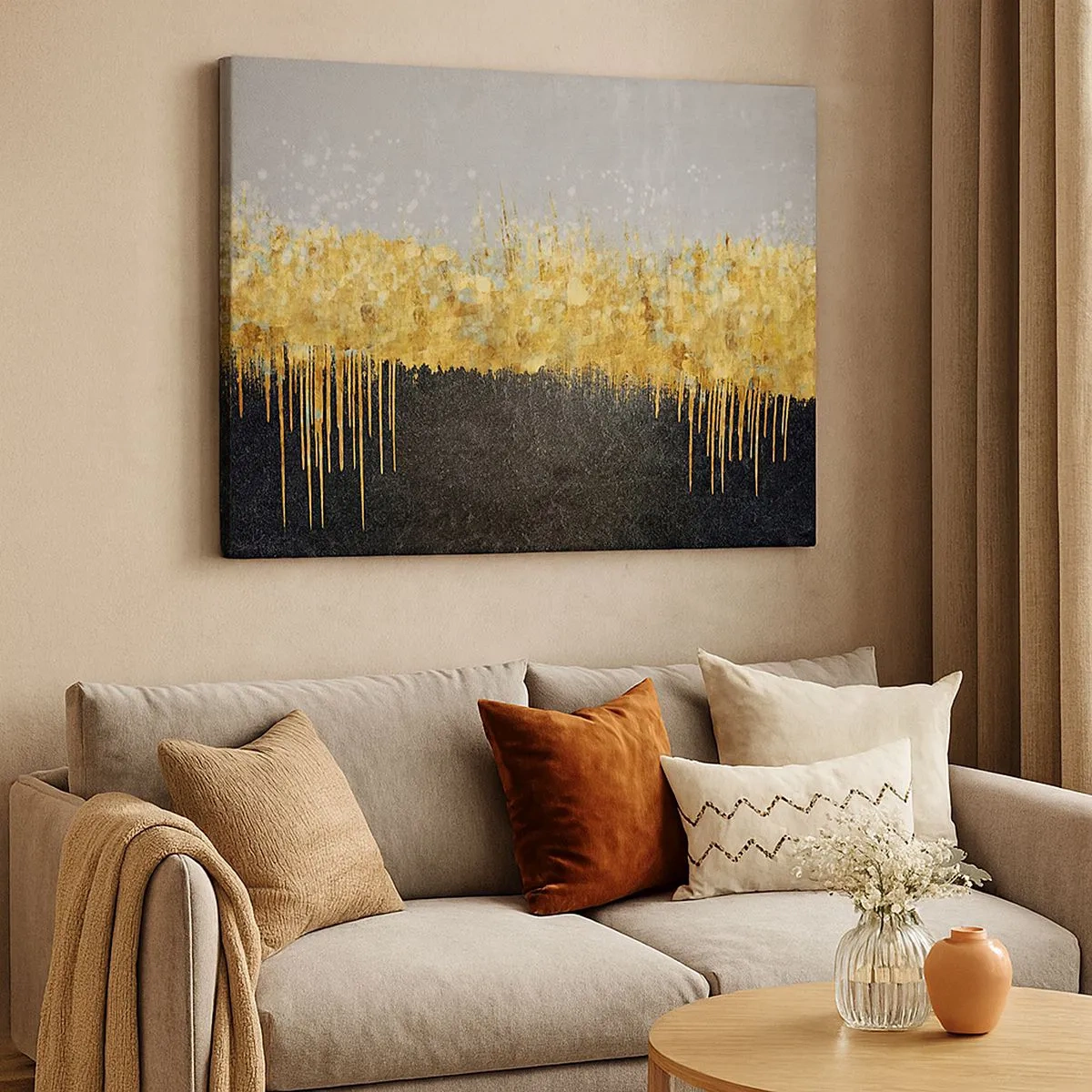 Bild auf Leinwand - Leinwandbild - Abstrakte Komposition in Gold- und Schwarztönen - 70x50cm - Nach innen und nach oben - Moderne Wanddekoration für Wohnzimmer und Schlafzimmer ARTTOR