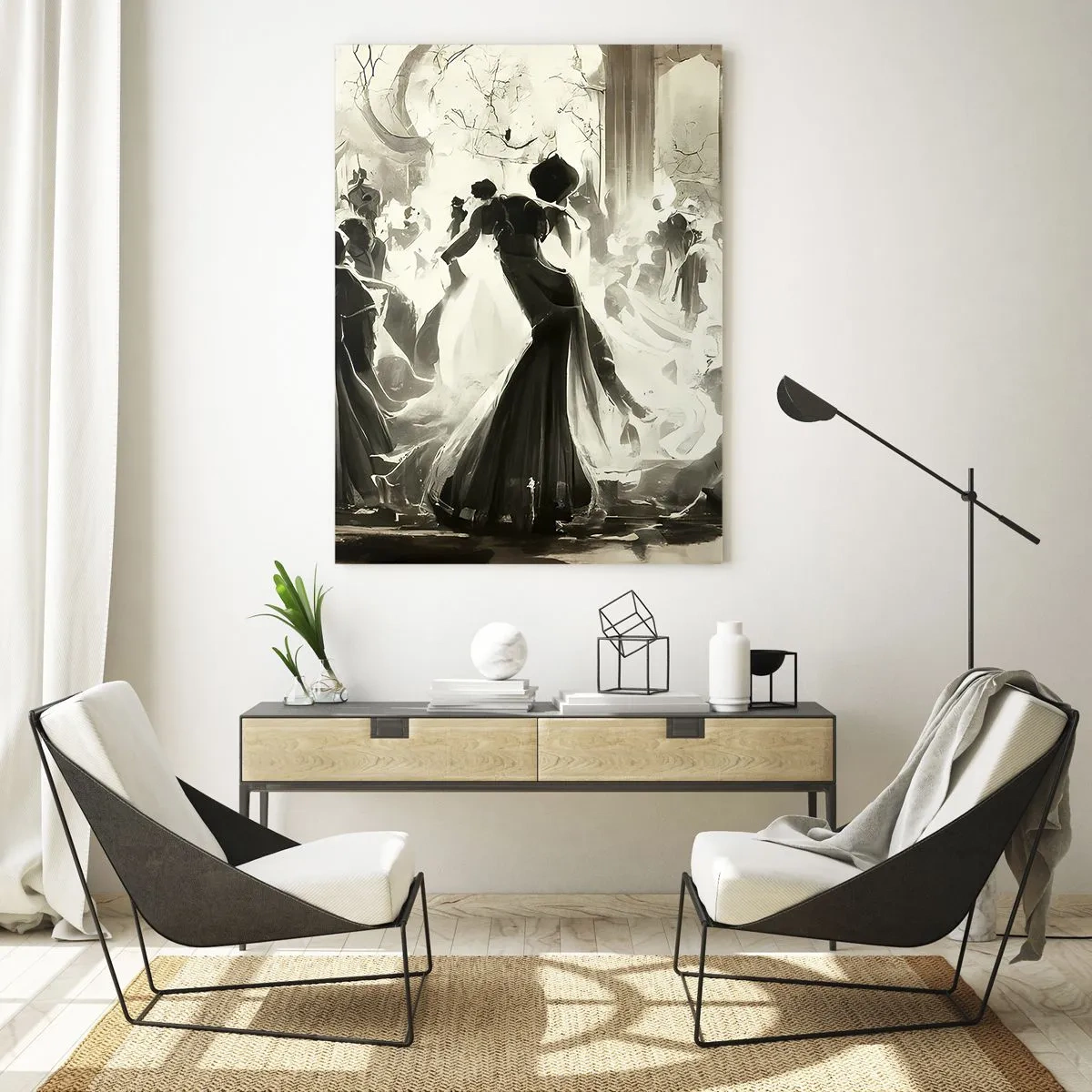 Glasbild - Bild auf glas - Eine Ballsaalszene im Retro-Stil mit tanzenden Figuren - 50x70cm - Die große Maskerade - Moderne Wanddekoration für Wohnzimmer und Schlafzimmer ARTTOR