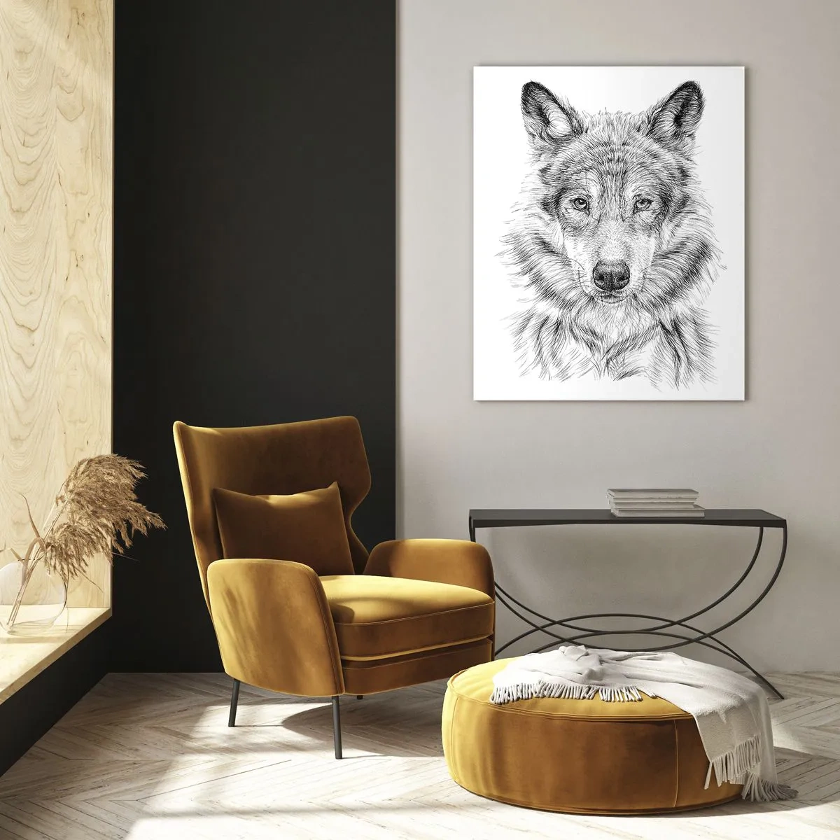 Glasbild - Bild auf glas - Schwarz-weiße Skizze eines Wolfskopfes auf weißem Hintergrund - 50x70cm - Ein geborener Anführer - Moderne Wanddekoration für Wohnzimmer und Schlafzimmer ARTTOR