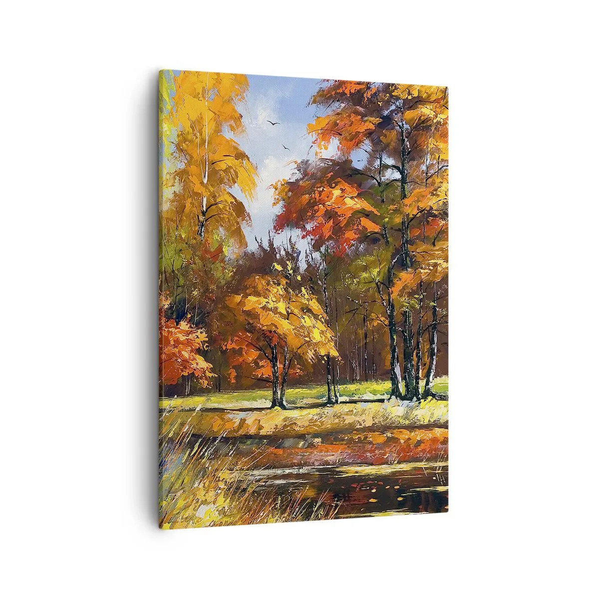 Bild auf Leinwand - Leinwandbild - Herbstlandschaft mit bunten Bäumen und einem Teich - 50x70cm - Landschaft in Gold und Bronze - Moderne Wanddekoration für Wohnzimmer und Schlafzimmer ARTTOR