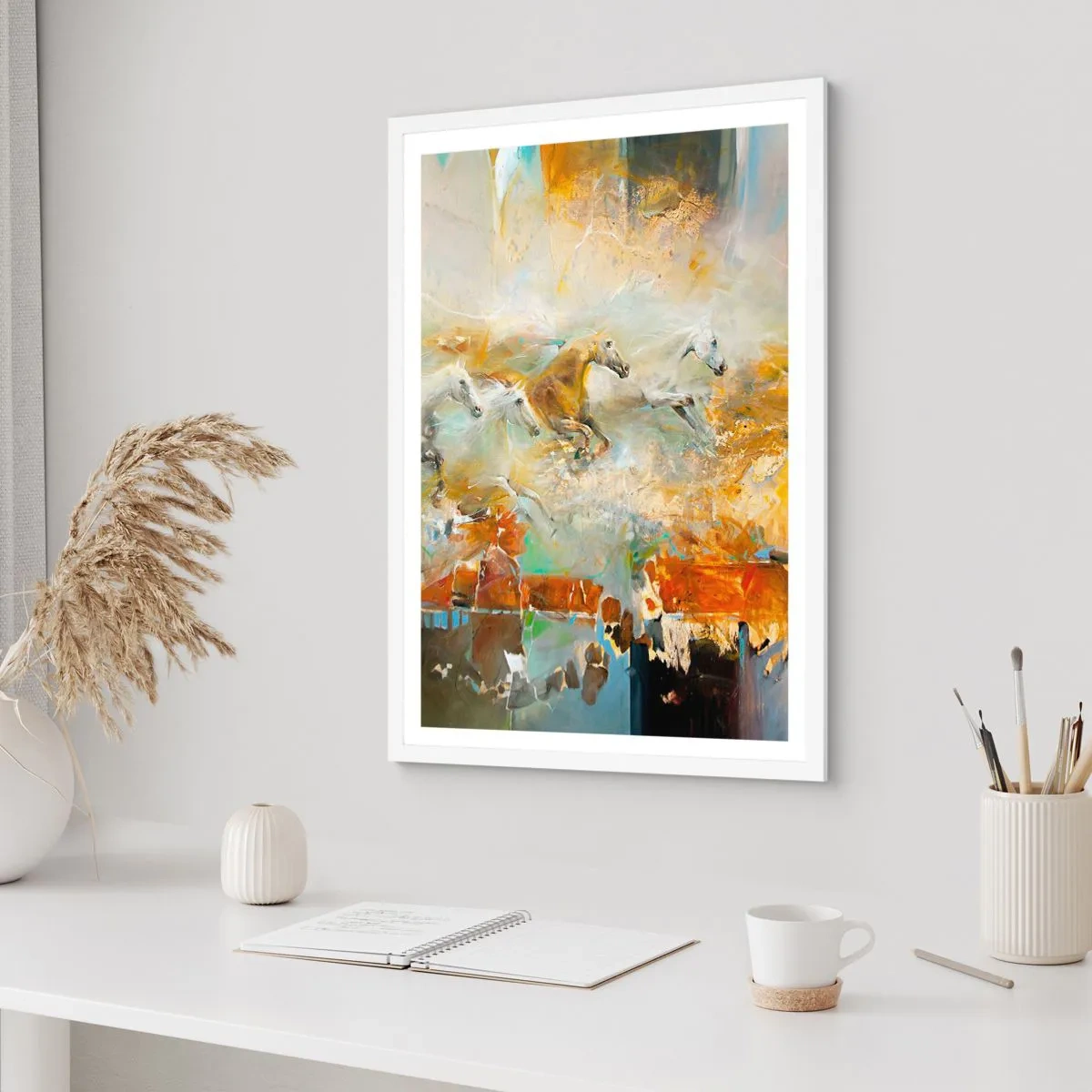 Poster in einem weißen Rahmen - Im Galopp durch das Licht - 61x91 cm