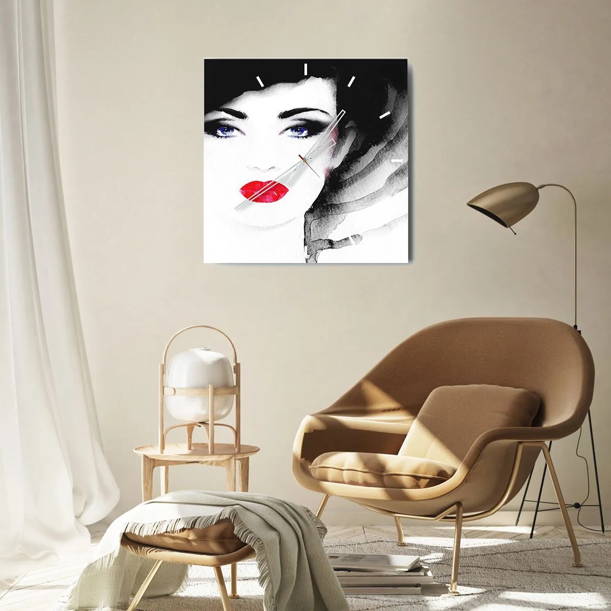 Wanduhr - Glasuhr - Porträt einer Frau mit roten Lippen und intensiven blauen Augen - 30x30cm - Er drückt zurück und ruft an - Moderne Wanddekoration für Wohnzimmer und Schlafzimmer ARTTOR