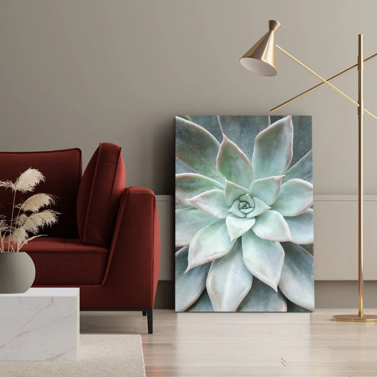 Bild auf Leinwand - Leinwandbild - Nahaufnahme einer grünen Sukkulente - 50x70cm - Das Herz der Wüste - Moderne Wanddekoration für Wohnzimmer und Schlafzimmer ARTTOR
