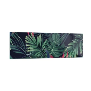 Glasbild - Bild auf glas - Tropische Blätter und Blüten auf dunklem Hintergrund - 160x50cm - Im Grünen in Flammen gehen - Moderne Wanddekoration für Wohnzimmer und Schlafzimmer ARTTOR