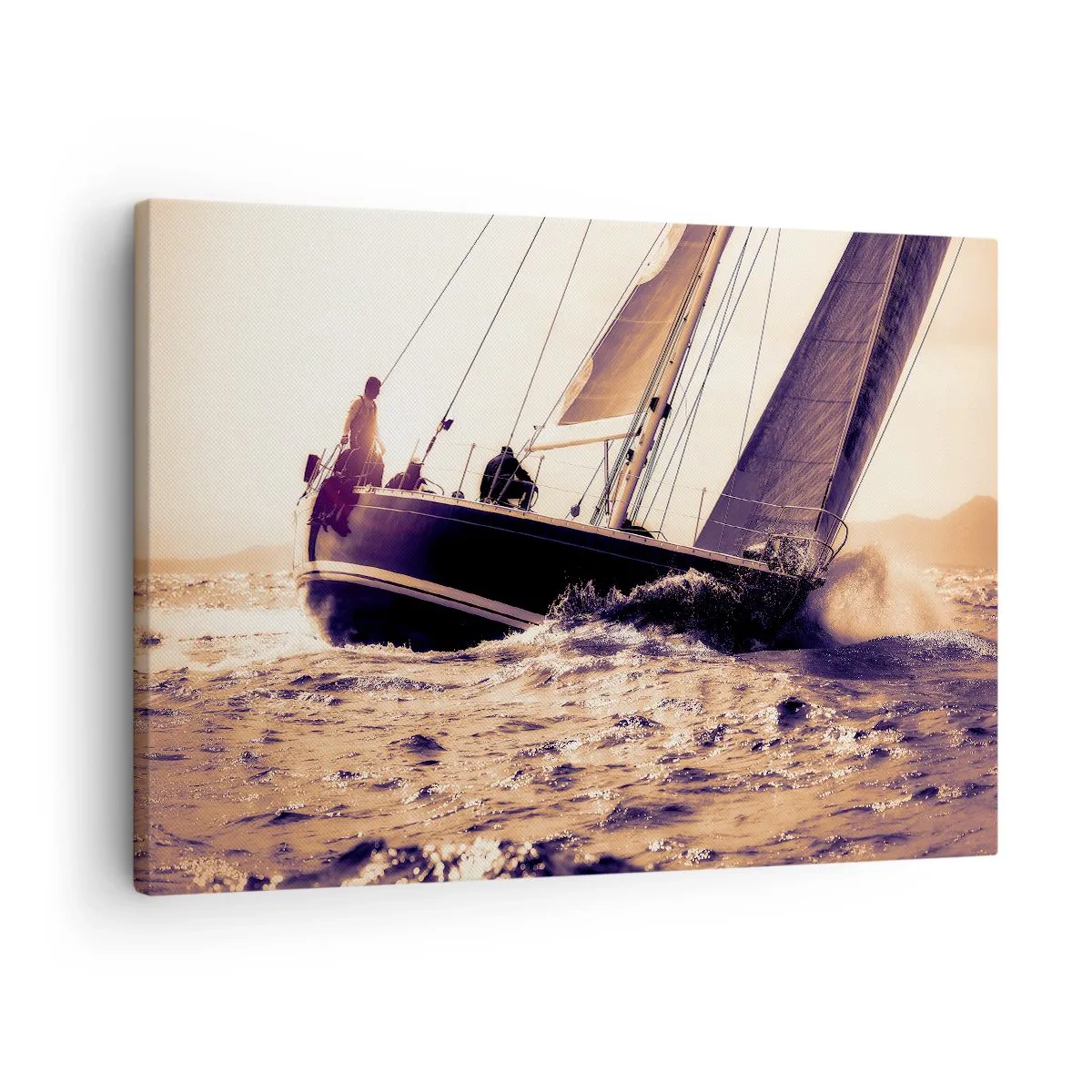 Bild auf Leinwand - Leinwandbild - Eine Yacht auf stürmischer See im Licht der untergehenden Sonne - 70x50cm - Segle, Seemann - Moderne Wanddekoration für Wohnzimmer und Schlafzimmer ARTTOR