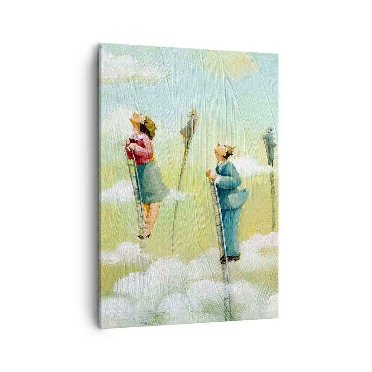 Bild auf Leinwand - Leinwandbild - Figuren, die auf pastellfarbenem Hintergrund zwischen Wolken Leitern hochklettern. - 50x70cm - Hinter deinem Traum - Moderne Wanddekoration für Wohnzimmer und Schlafzimmer ARTTOR