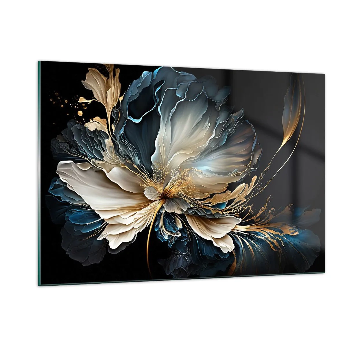 Glasbild - Bild auf glas - Eine ausgefallene Blume in Gold-, Marineblau- und Beigetönen auf Schwarz - 120x80cm - Märchenhafte Farnblume - Moderne Wanddekoration für Wohnzimmer und Schlafzimmer ARTTOR