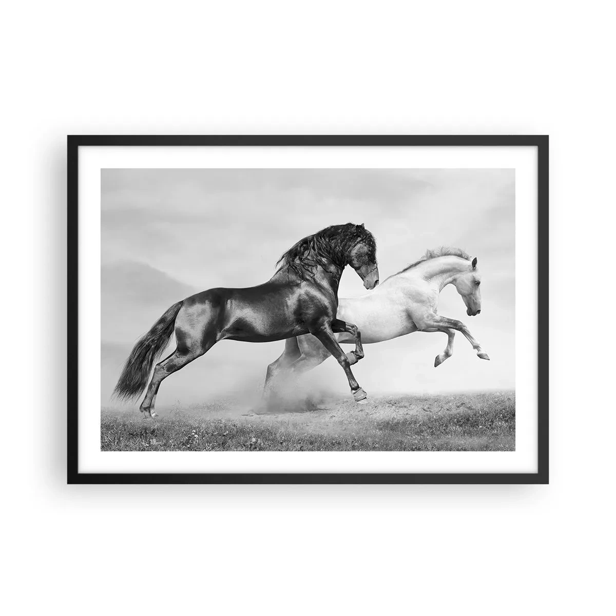 Poster in einem schwarzem Rahmen - Zwei galoppierende Pferde in einer dynamischen Schwarz-Weiß-Komposition - 70x50cm - Engel und Dämonen - Moderne Wanddekoration für Wohnzimmer und Schlafzimmer ARTTOR