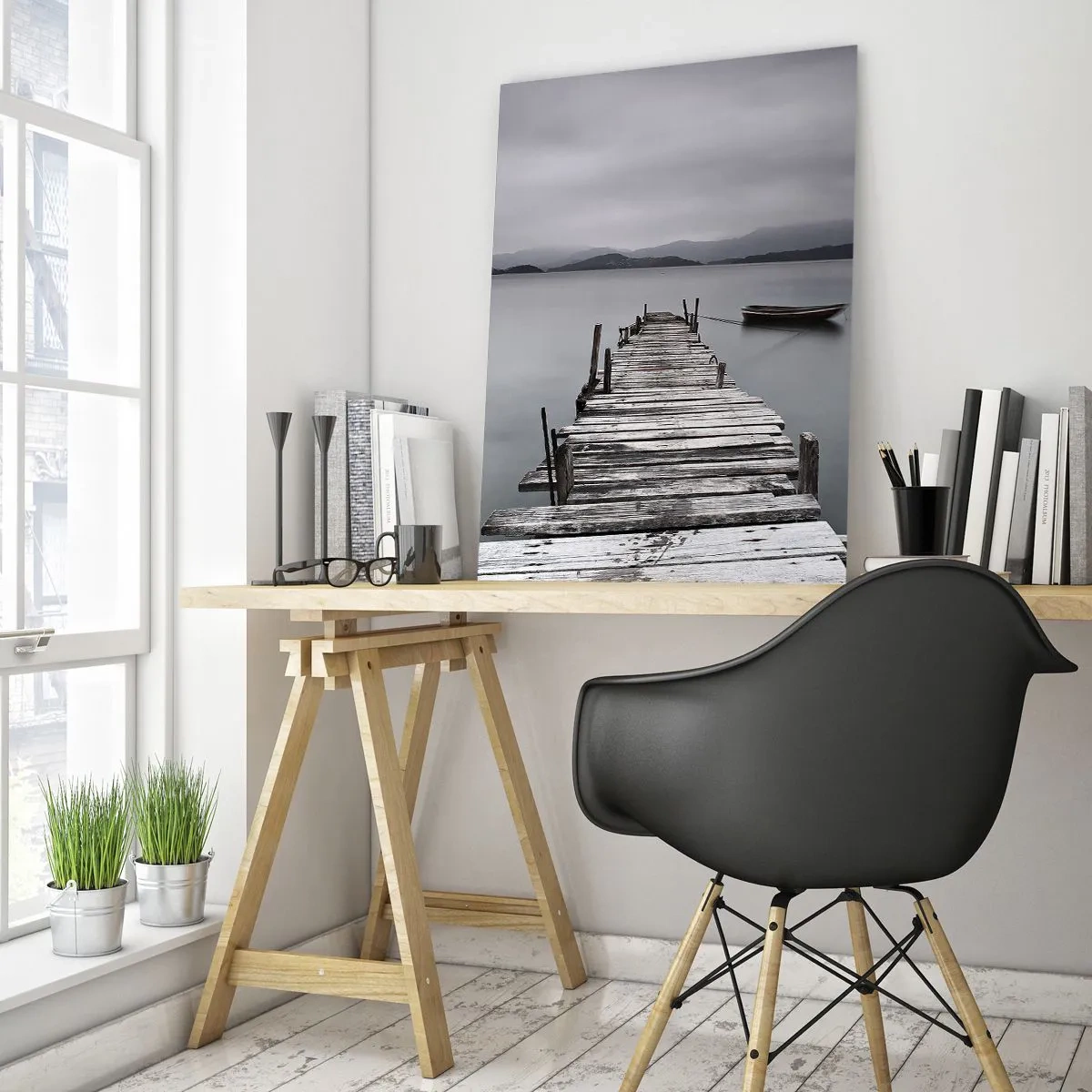 Glasbild - Bild auf glas - Eine Holzbrücke, die zur ruhigen Oberfläche des Sees führt - 70x100cm - Du kannst morgen gehen - Moderne Wanddekoration für Wohnzimmer und Schlafzimmer ARTTOR