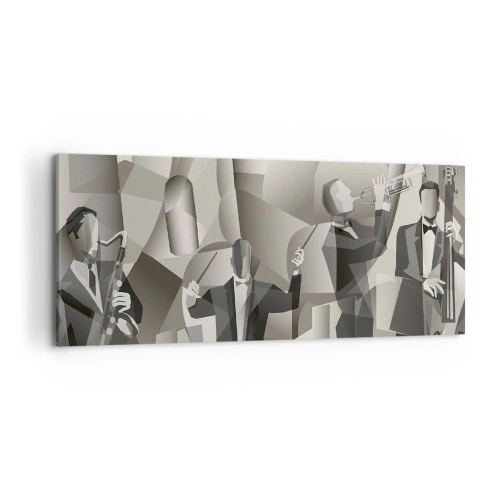 Bild auf Leinwand - Leinwandbild - Abstrakte Szene mit Jazzmusikern in Grautönen. - 120x50cm - Im Raum der Klänge - Moderne Wanddekoration für Wohnzimmer und Schlafzimmer ARTTOR