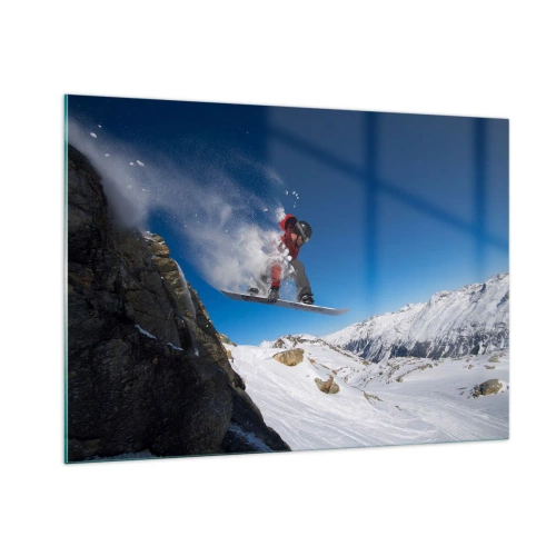 Glasbild - Bild auf glas - Ein Snowboarder springt vor einer Bergkulisse - 100x70cm - Und du wurdest Teil des Raums - Moderne Wanddekoration für Wohnzimmer und Schlafzimmer ARTTOR