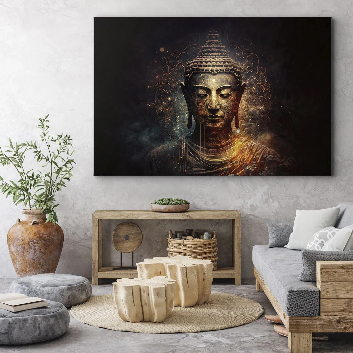 Bild auf Leinwand - Leinwandbild - Goldener Buddha auf dunklem Hintergrund mit Ornamenten - 120x80cm - Spirituelles Gleichgewicht - Moderne Wanddekoration für Wohnzimmer und Schlafzimmer ARTTOR