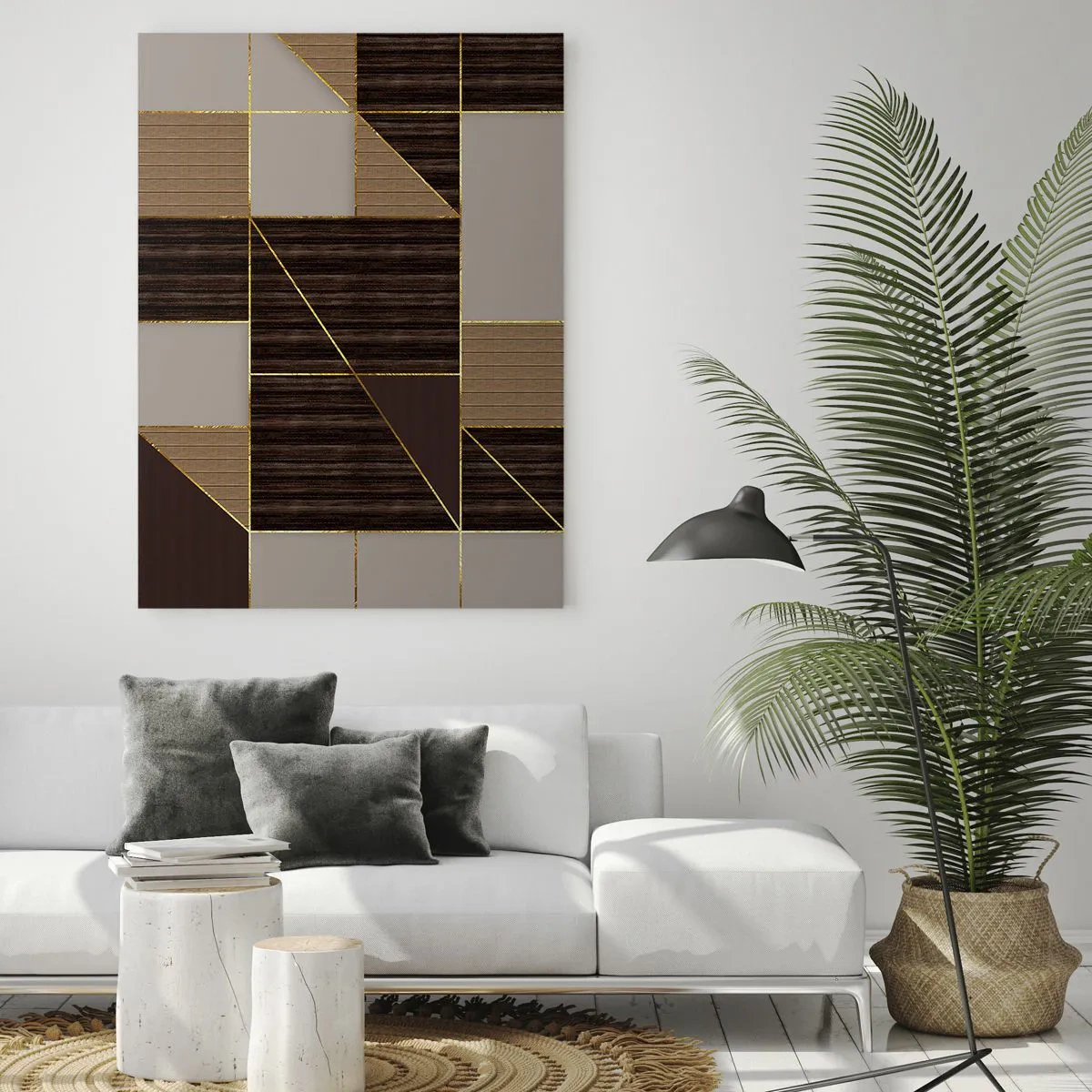 Glasbild - Bild auf glas - Geometrische Muster in Brauntönen mit goldenen Linien - 70x100cm - Ein Mosaik aus Braun und Gold - Moderne Wanddekoration für Wohnzimmer und Schlafzimmer ARTTOR