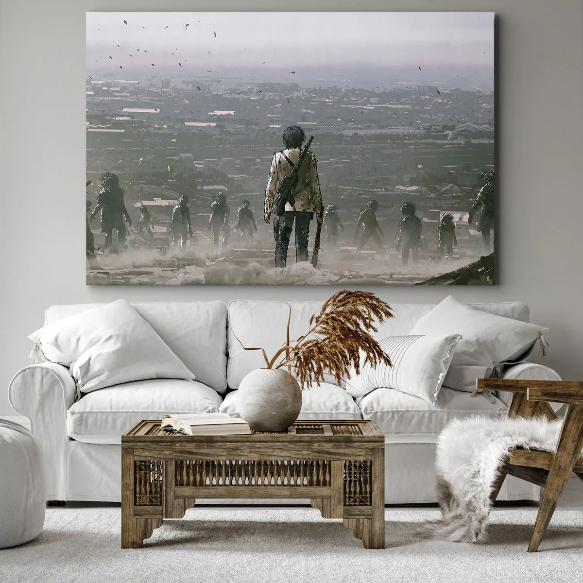 Bild auf Leinwand - Leinwandbild - Eine Gestalt mit einer Waffe steht vor einer Gruppe in einer dystopischen Landschaft. - 120x80cm - Letzter Gerechter? - Moderne Wanddekoration für Wohnzimmer und Schlafzimmer ARTTOR
