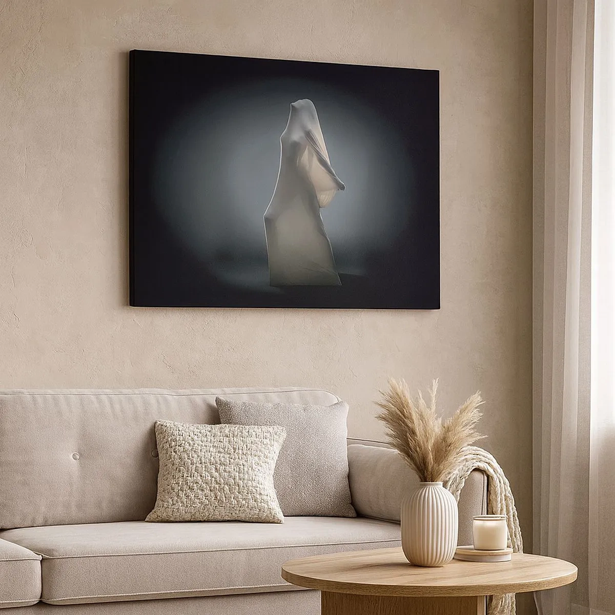 Bild auf Leinwand - Leinwandbild - Eine Figur aus weißem Stoff auf dunklem Hintergrund - 70x50cm - Versteckte Wünsche - Moderne Wanddekoration für Wohnzimmer und Schlafzimmer ARTTOR