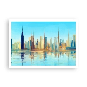 Poster - Ein Panorama der Stadt in warmen Farben mit Spiegelung im Wasser - 100x70cm - Sonnige Metropole - Moderne Wanddekoration für Wohnzimmer und Schlafzimmer ARTTOR