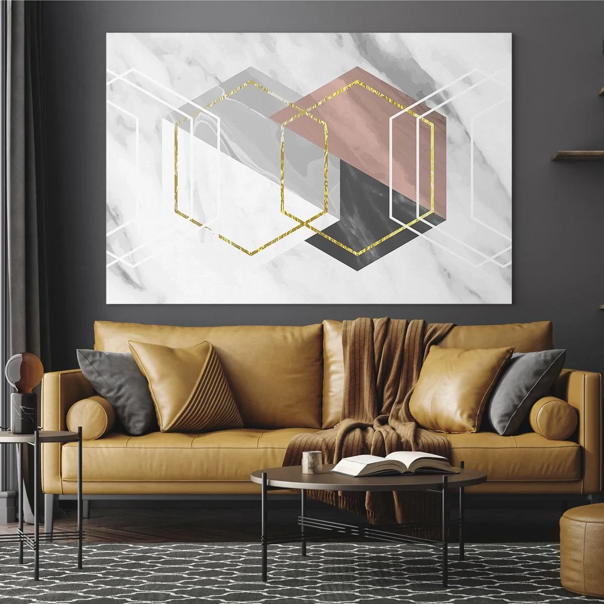 Glasbild - Bild auf glas - Goldene geometrische Formen auf Marmorhintergrund - 120x80cm - Kettenkomposition - Moderne Wanddekoration für Wohnzimmer und Schlafzimmer ARTTOR