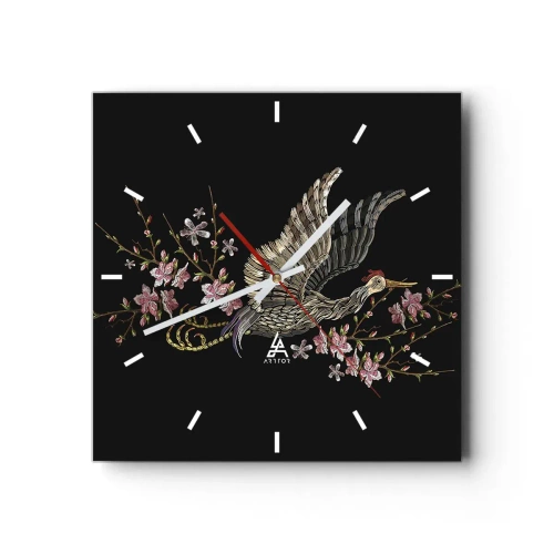 Wanduhr - Glasuhr - Exotischer gestickter Vogel - 40x40 cm