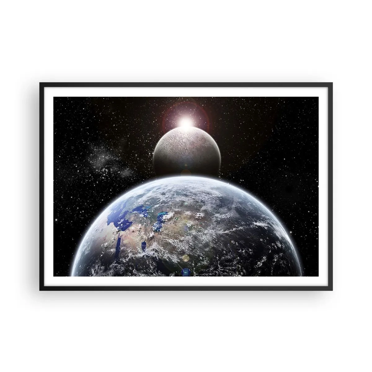 Poster in einem schwarzem Rahmen - Planet Erde und Mond vor dem Hintergrund des sternenklaren Weltraums. - 100x70cm - Weltraumlandschaft - Sonnenaufgang - Moderne Wanddekoration für Wohnzimmer und Schlafzimmer ARTTOR