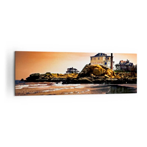 Bild auf Leinwand - Leinwandbild - Ein Haus auf einem Felsen am Strand bei Sonnenuntergang mit seiner Spiegelung im Wasser - 160x50cm - Eleganz der Westküste - Moderne Wanddekoration für Wohnzimmer und Schlafzimmer ARTTOR