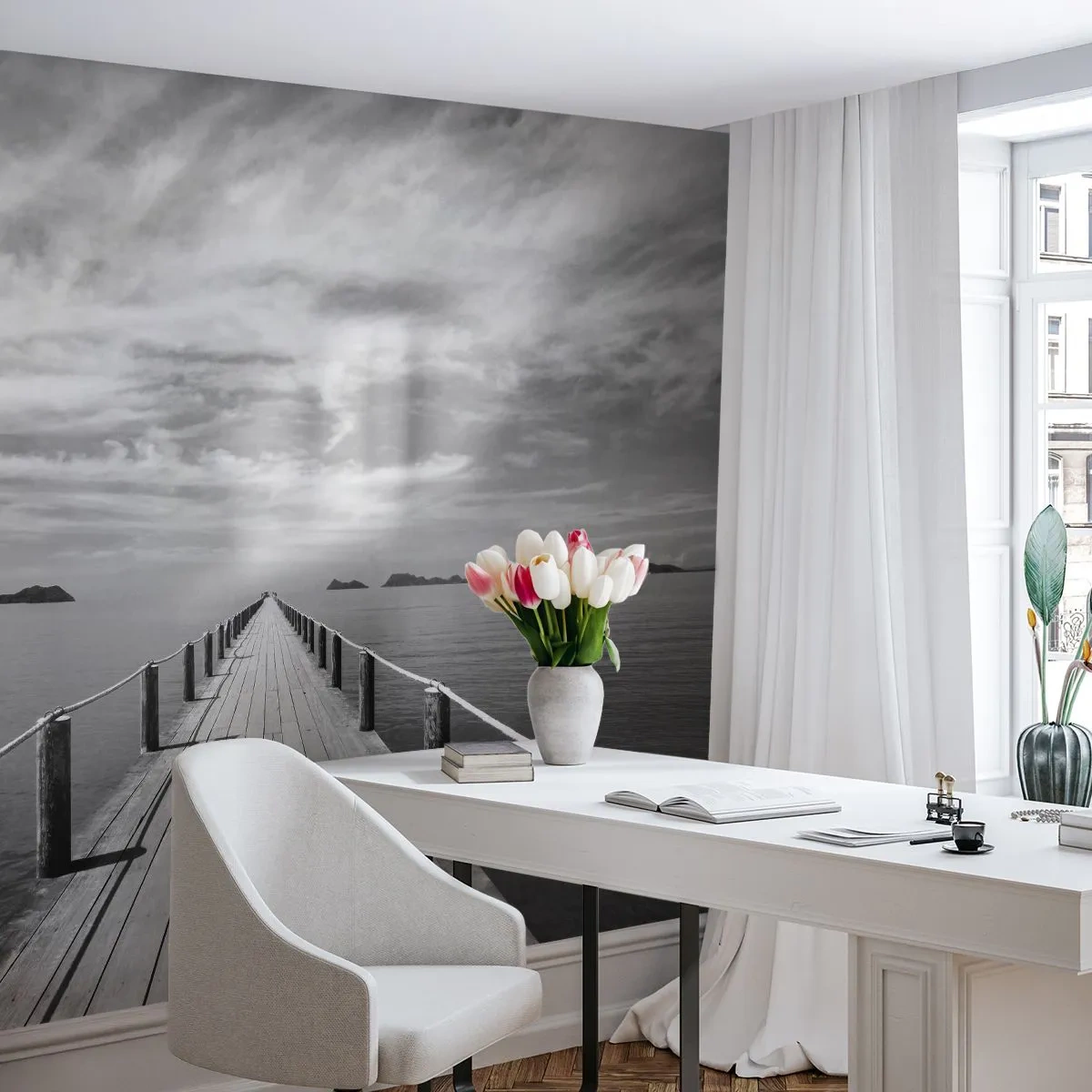 Fototapete Premium Sand - Ein Holzsteg, der über ein ruhiges Meer in die Ferne führt - 100x70cm - Oder vielleicht eine Reise ... - Moderne Wanddekoration für Wohnzimmer und Schlafzimmer ARTTOR