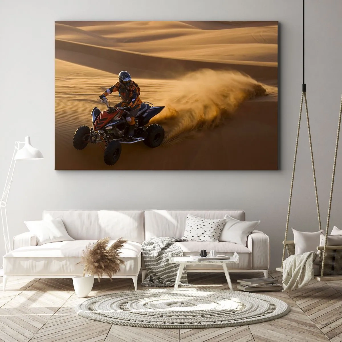 Bild auf Leinwand - Leinwandbild - Ein Motorradfahrer auf einem Quad rast über die Sanddünen der Wüste - 70x50cm - Auf den Sandwellen - Moderne Wanddekoration für Wohnzimmer und Schlafzimmer ARTTOR
