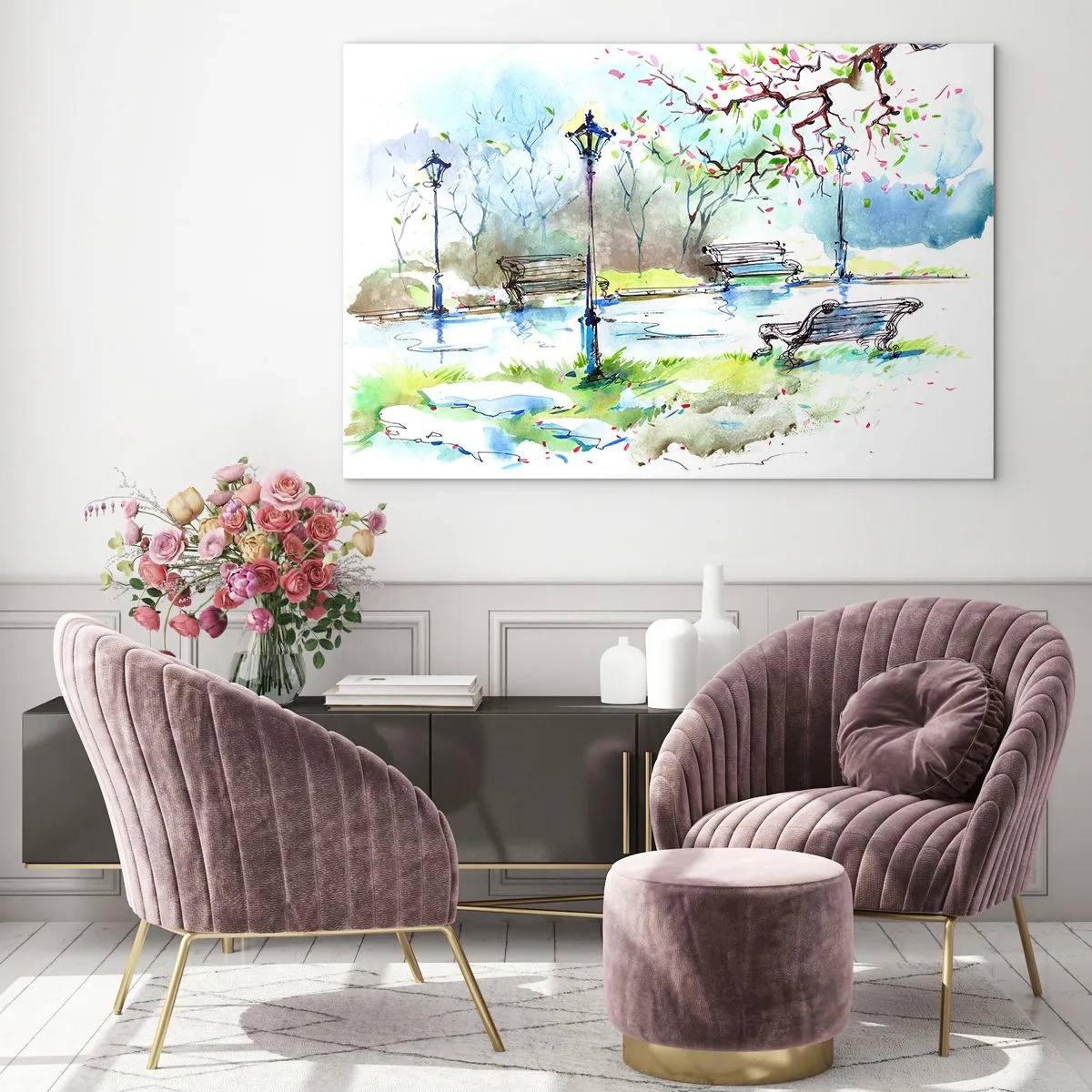 Glasbild - Bild auf glas - Aquarell einer Parkszene mit Bänken und Laternen - 70x50cm - Der Zauber der Stille des Parks - Moderne Wanddekoration für Wohnzimmer und Schlafzimmer ARTTOR