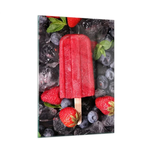 Glasbild - Bild auf glas - Ein Eisstiel zwischen gefrorenen Früchten und Minzblättern - 50x70cm - So schmeckt der heiße Sommer - Moderne Wanddekoration für Wohnzimmer und Schlafzimmer ARTTOR