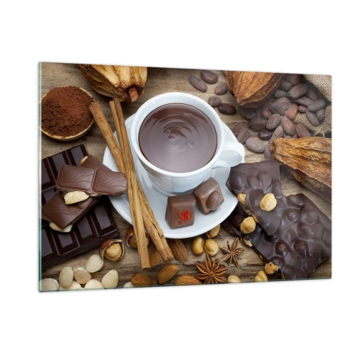 Glasbild - Bild auf glas - Eine Tasse heiße Schokolade mit Toppings auf rustikalem Hintergrund - 120x80cm - Aus einer märchenhaften Schokoladenfabrik - Moderne Wanddekoration für Wohnzimmer und Schlafzimmer ARTTOR