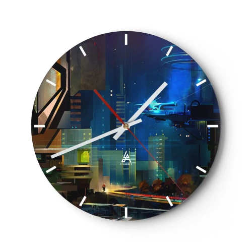 Wanduhr - Glasuhr - Futuristische Stadt bei Nacht mit Neonlichtern und Fahrzeugen - 30x30cm - In naher Zukunft - Moderne Wanddekoration für Wohnzimmer, Küche und Schlafzimmer ARTTOR