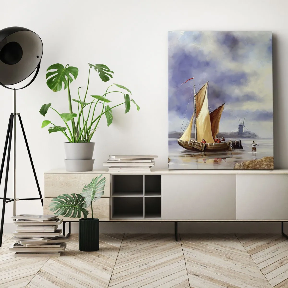 Bild auf Leinwand - Leinwandbild - Segelboote auf ruhigem Wasser mit Windmühlen im Hintergrund - 70x100cm - Die Rückkehr der Seeleute - Moderne Wanddekoration für Wohnzimmer und Schlafzimmer ARTTOR