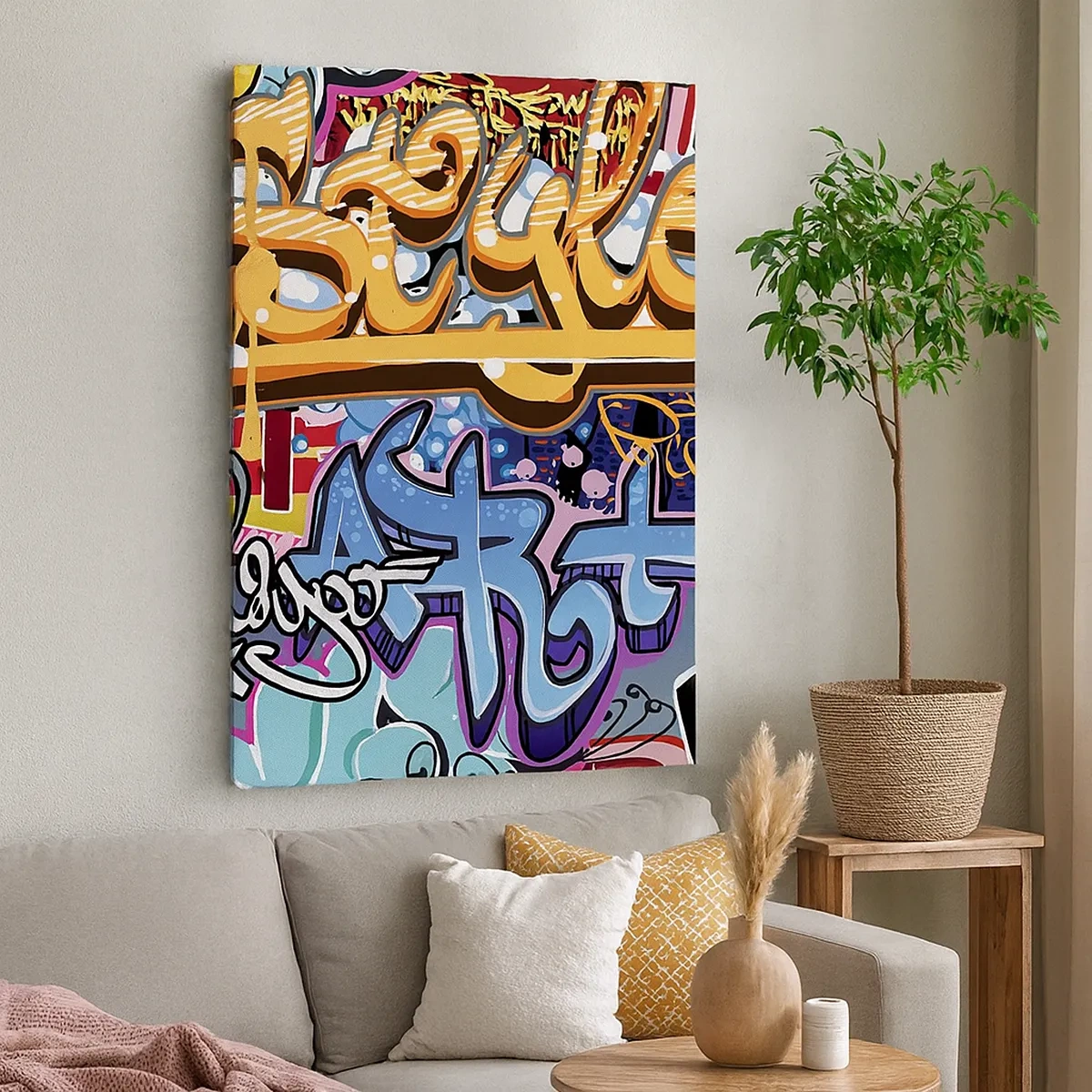 Bild auf Leinwand - Leinwandbild - Bunte Graffiti mit dynamischen Aufschriften und Illustrationen - 50x70cm - Wandbilder, Wandbilder, Wandbilder ... - Moderne Wanddekoration für Wohnzimmer und Schlafzimmer ARTTOR