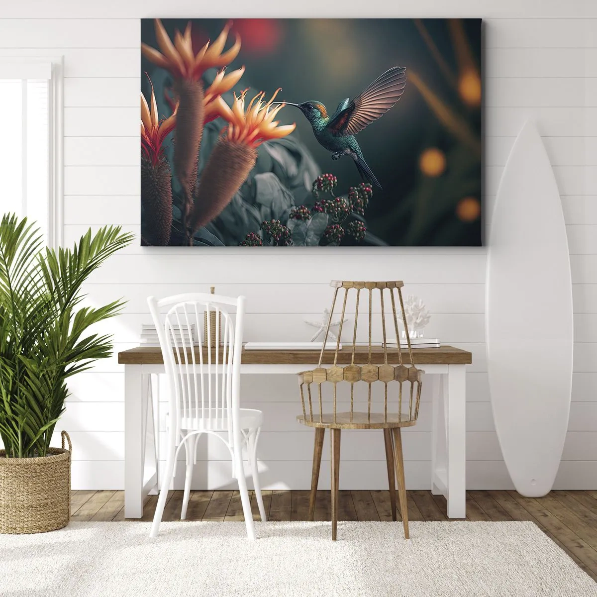 Bild auf Leinwand - Leinwandbild - Ein bunter Kolibri neben Blumen vor einem natürlichen Hintergrund - 100x70cm - Wirklich buntes Leben - Moderne Wanddekoration für Wohnzimmer und Schlafzimmer ARTTOR