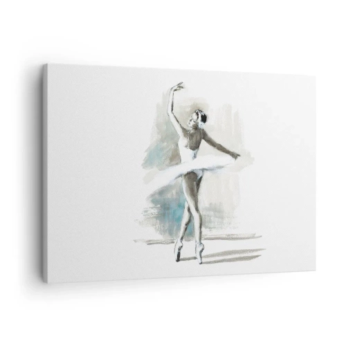Bild auf Leinwand - Leinwandbild - Eine Balletttänzerin in einer Ballettpose vor einem Hintergrund aus zarten Aquarelltönen. - 70x50cm - In einen Schwan verzaubert - Moderne Wanddekoration für Wohnzimmer und Schlafzimmer ARTTOR