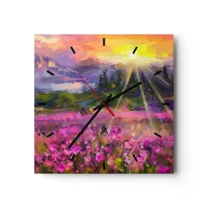 Wanduhr - Glasuhr - Eine malerische Wiese in den Strahlen der untergehenden Sonne - 30x30cm - Im Tal unter dem Schutz der Sonne - Moderne Wanddekoration für Wohnzimmer und Schlafzimmer ARTTOR