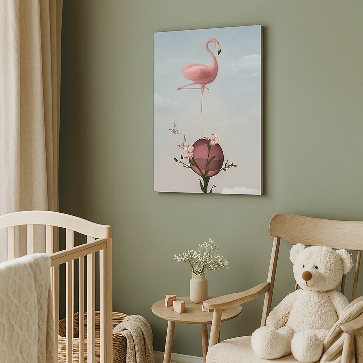 Bild auf Leinwand - Leinwandbild - Ein rosa Flamingo balanciert auf einem Blumenball - 50x70cm - Basketball-Allegorie - Moderne Wanddekoration für Wohnzimmer und Schlafzimmer ARTTOR