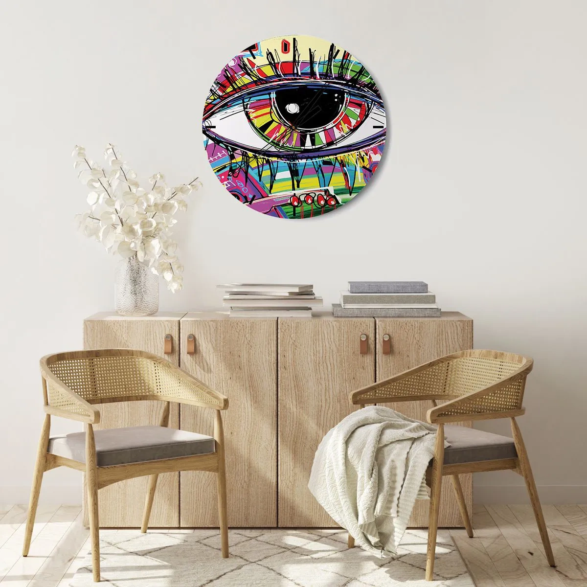 Wanduhr - Glasuhr - Buntes Auge in abstrakter Grafik - 30x30cm - Buntes Auge - bunte Seele - Moderne Wanddekoration für Wohnzimmer, Küche und Schlafzimmer ARTTOR