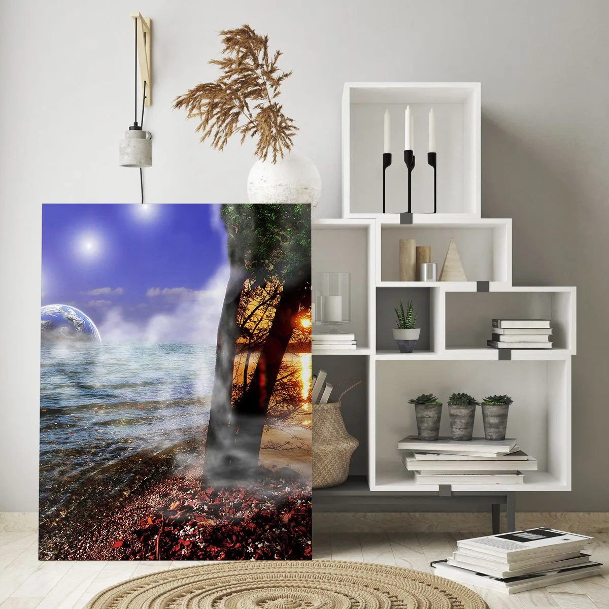 Glasbild - Bild auf glas - Eine Fantasielandschaft mit Meer und einem Planeten - 50x70cm - Surreale Landschaft - Einheit der Natur - Moderne Wanddekoration für Wohnzimmer und Schlafzimmer ARTTOR