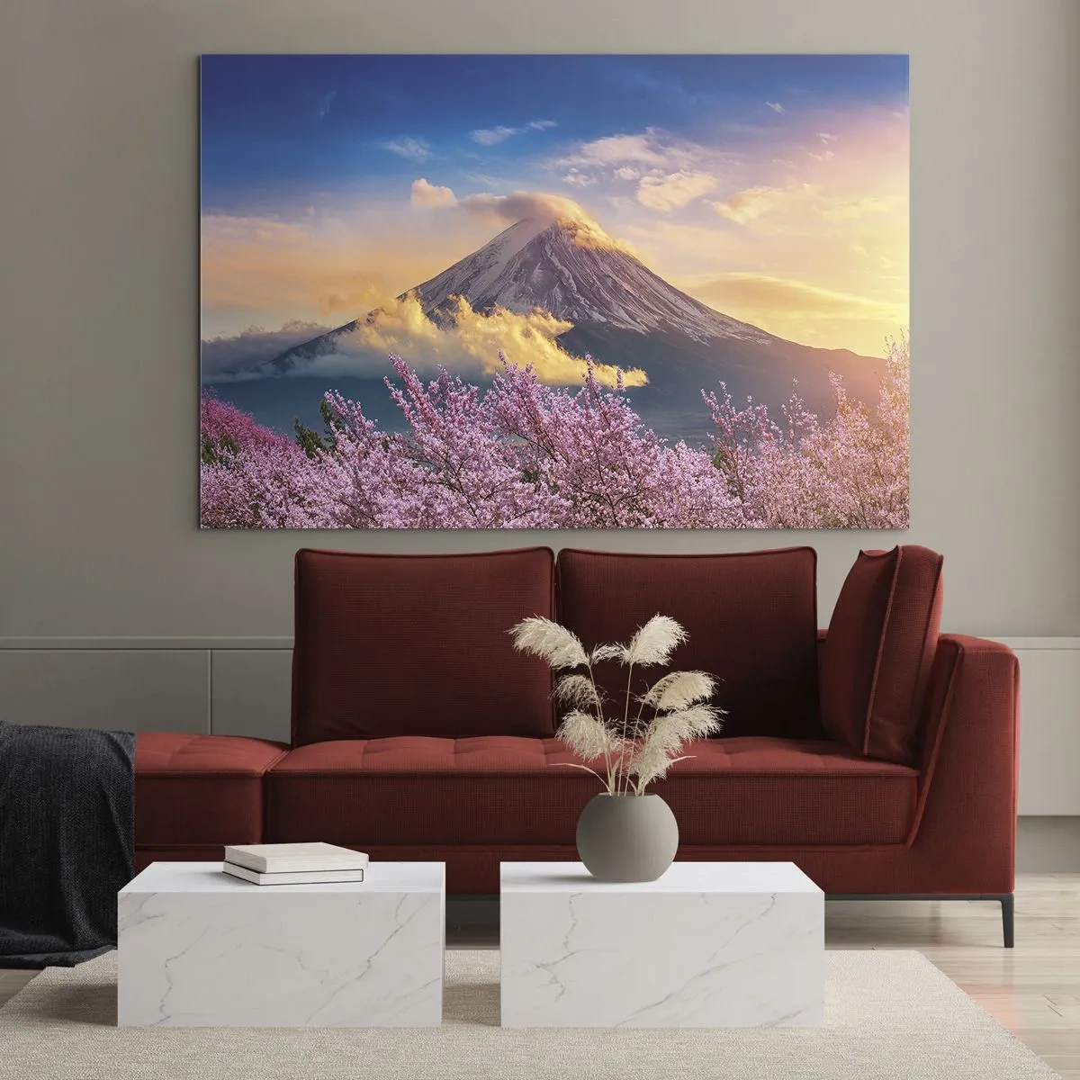 Glasbild - Bild auf glas - Der Berg Fuji im Hintergrund mit blühenden Sakura-Bäumen im Vordergrund - 100x70cm - Japanische Heiligkeit - Moderne Wanddekoration für Wohnzimmer und Schlafzimmer ARTTOR