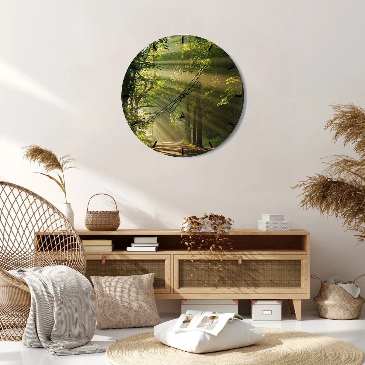 Wanduhr - Glasuhr - Waldweg in den Strahlen der Morgensonne - 30x30cm - Waldmoment - Moderne Wanddekoration für Wohnzimmer, Küche und Schlafzimmer ARTTOR