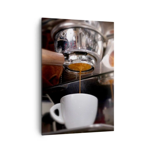 Bild auf Leinwand - Leinwandbild - Nahaufnahme einer Kaffeemaschine, die einen frischen Espresso zubereitet - 70x100cm - Gute Zeit des Tages - Moderne Wanddekoration für Wohnzimmer und Schlafzimmer ARTTOR