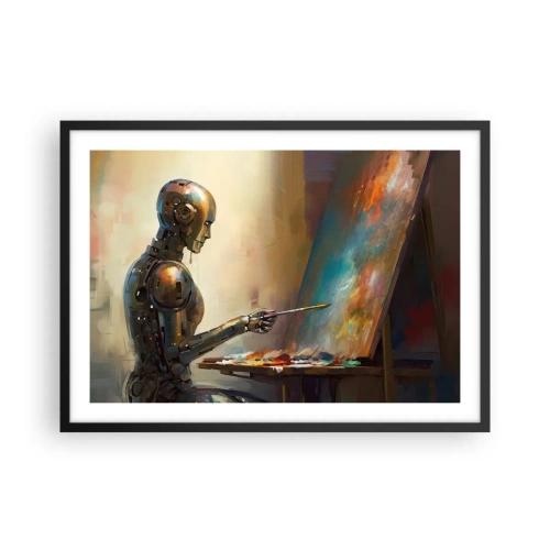 Poster in einem schwarzem Rahmen - Ein Roboter, der im künstlerischen Stil auf einer Leinwand malt - 70x50cm - Die Kunst der Zukunft - Moderne Wanddekoration für Wohnzimmer und Schlafzimmer ARTTOR