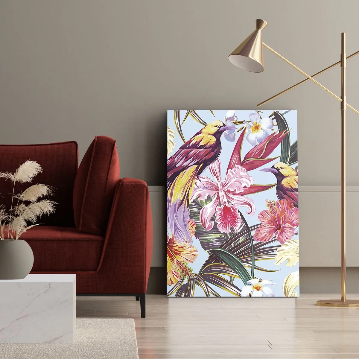 Bild auf Leinwand - Leinwandbild - Exotische Vögel zwischen tropischen Blumen - 50x70cm - Blütenblätter und Federn - Moderne Wanddekoration für Wohnzimmer und Schlafzimmer ARTTOR