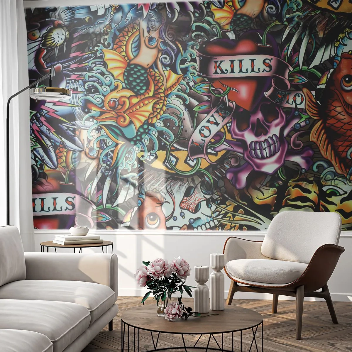 Fototapete Premium Sand - Bunte Tattoo-Komposition im Old-School-Stil - 100x70cm - Der Traum des Tätowierers - Moderne Wanddekoration für Wohnzimmer und Schlafzimmer ARTTOR