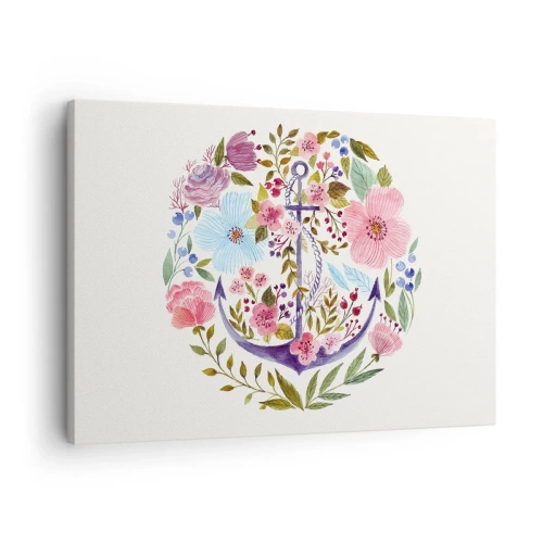 Bild auf Leinwand - Leinwandbild - Ein Anker, umgeben von Aquarellblumen auf hellem Hintergrund - 70x50cm - Guter Traum eines Seemanns - Moderne Wanddekoration für Wohnzimmer und Schlafzimmer ARTTOR