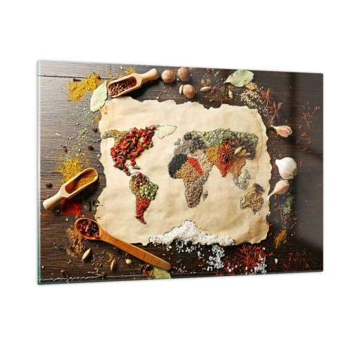 Glasbild - Bild auf glas - Eine Weltkarte aus verschiedenen Gewürzen auf rustikalem Hintergrund. - 120x80cm - Alle Aromen der Welt - Moderne Wanddekoration für Wohnzimmer und Schlafzimmer ARTTOR