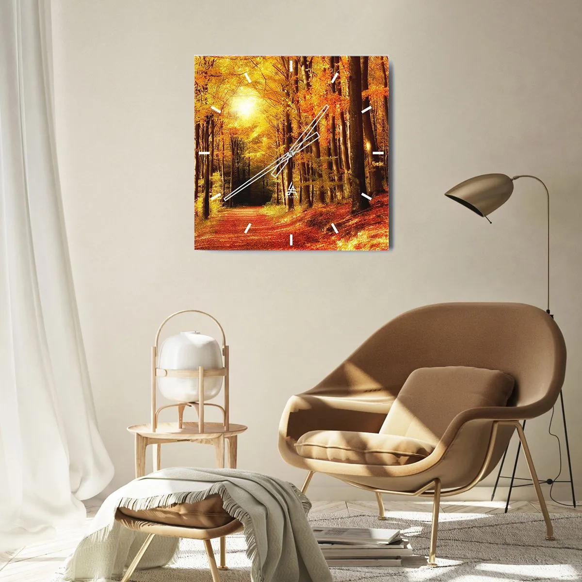 Wanduhr - Glasuhr - Herbstwald mit Sonnenstrahlen, die durch die Bäume scheinen - 30x30cm - Goldener Herbst auf einer Forststraße - Moderne Wanddekoration für Wohnzimmer und Schlafzimmer ARTTOR